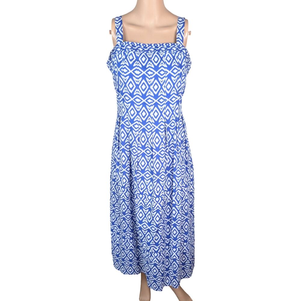 Brooks Brothers Blue White Ikat Cotton Twill Pleated Midi Dress 4 A-Line Square